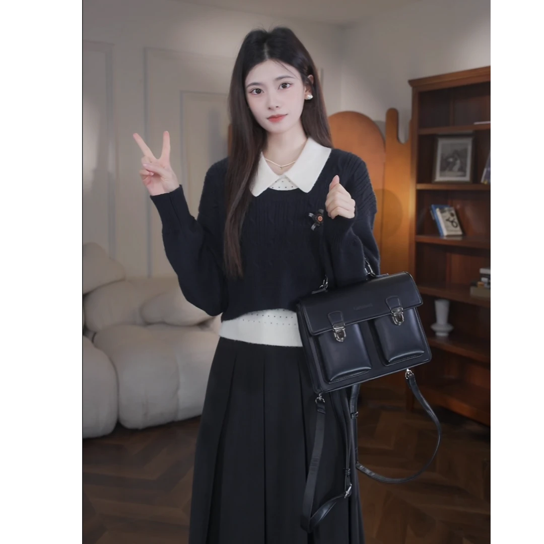 鹿向南【心动日】法式针织毛衣秋冬真两件上衣百搭半裙三件套