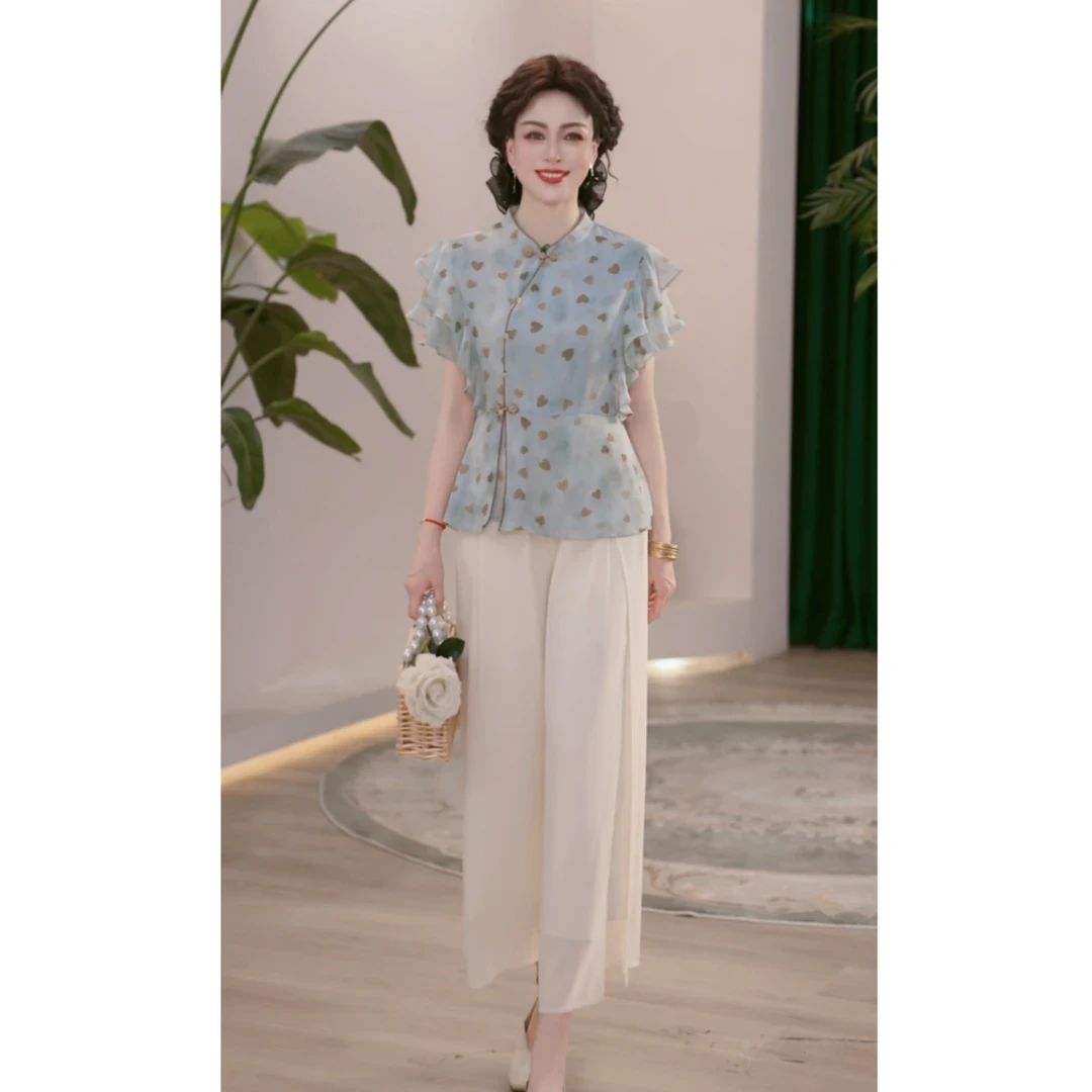 2025新款夏季妈妈装薄款时尚套装气质小衫女装洋气短袖T恤两件套