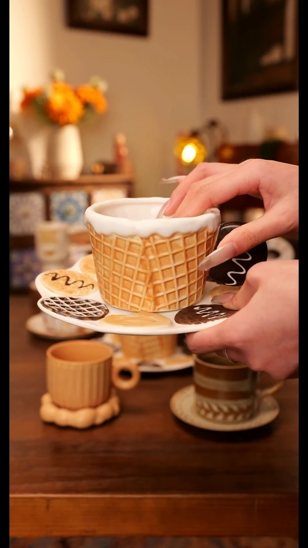 陶瓷便携款华夫饼杯碟手作 手绘釉下彩