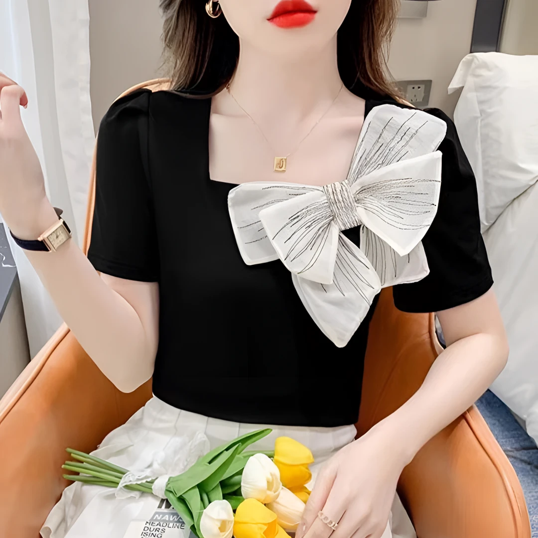 顺蝴蝶方领蝴蝶结短袖淑女风T恤夏装泡泡袖打底v领拼接时尚气质
