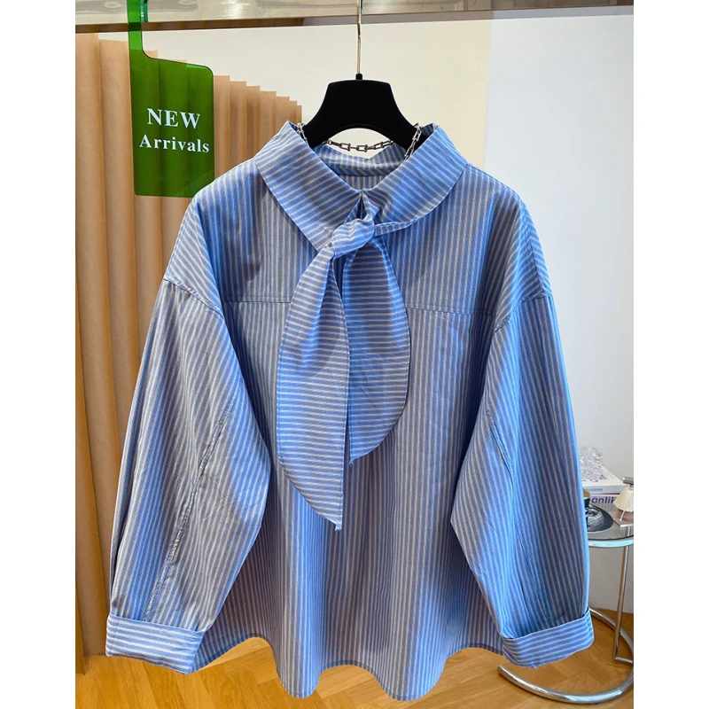 高级感蓝色条纹衬衫女装2025新款早秋宽松长袖独特漂亮蝴蝶结上衣