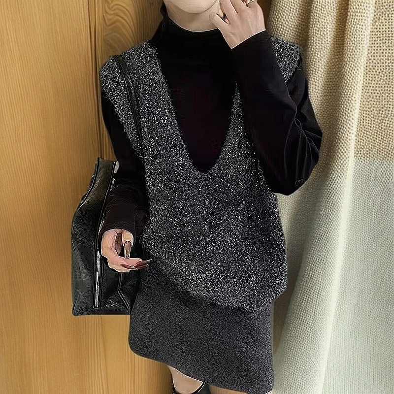 秋冬新款亮片针织网红马甲时尚百搭显瘦气质宽松洋气小香风无袖女