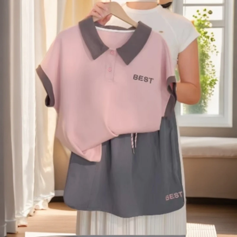 050 夏季休闲风套头时尚字母童装女套装卡通风女童裙裤