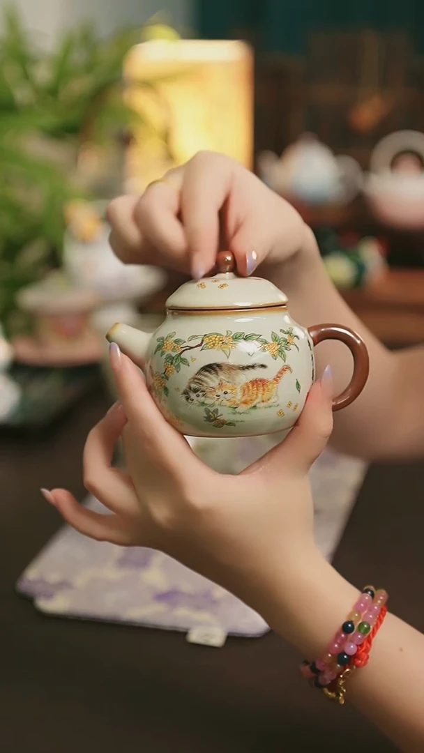 闪购陶瓷茶具  喜乐桂花猫  德钟壶