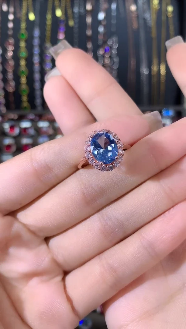银S925镶嵌戒指海蓝宝石810玫瑰金