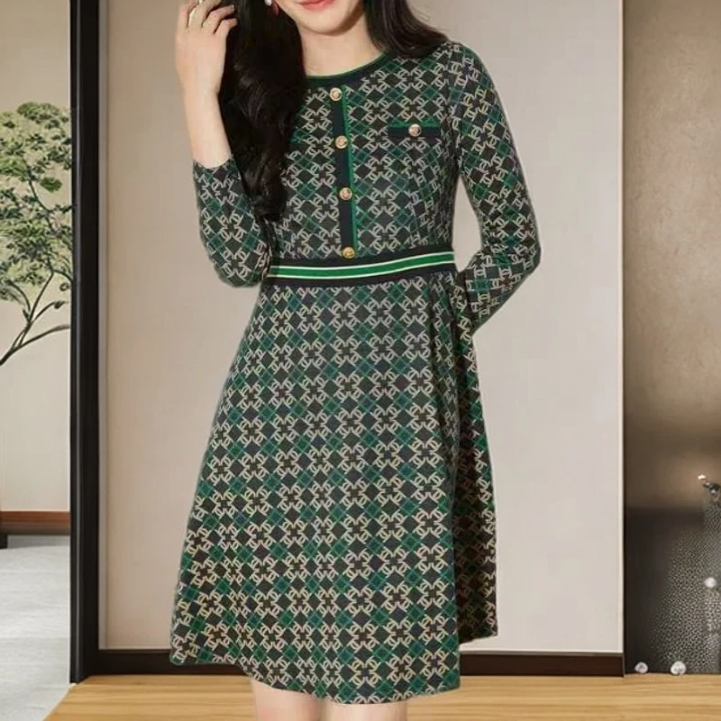 A454#【木兮兮专属】2025春季新款气质修身时尚印花圆领连衣裙女