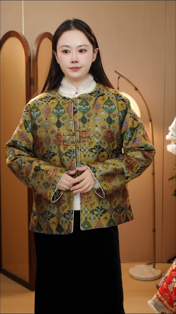 老钱绿唐锦羽绒外套