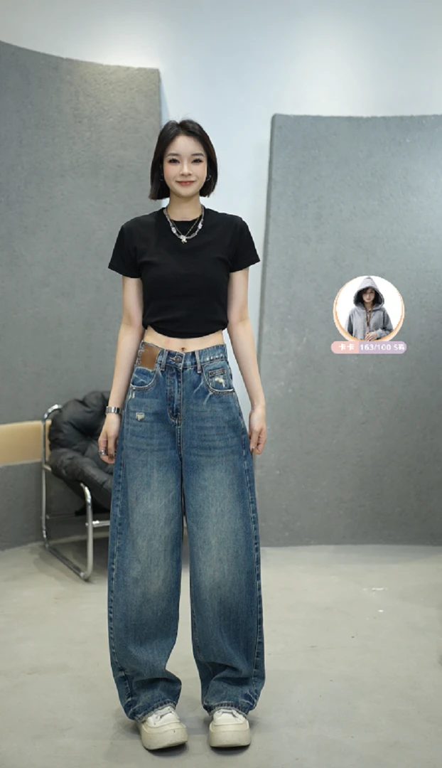 TO【Z7606】春夏季上新半松紧腰复古设计感水洗中高腰弯刀裤