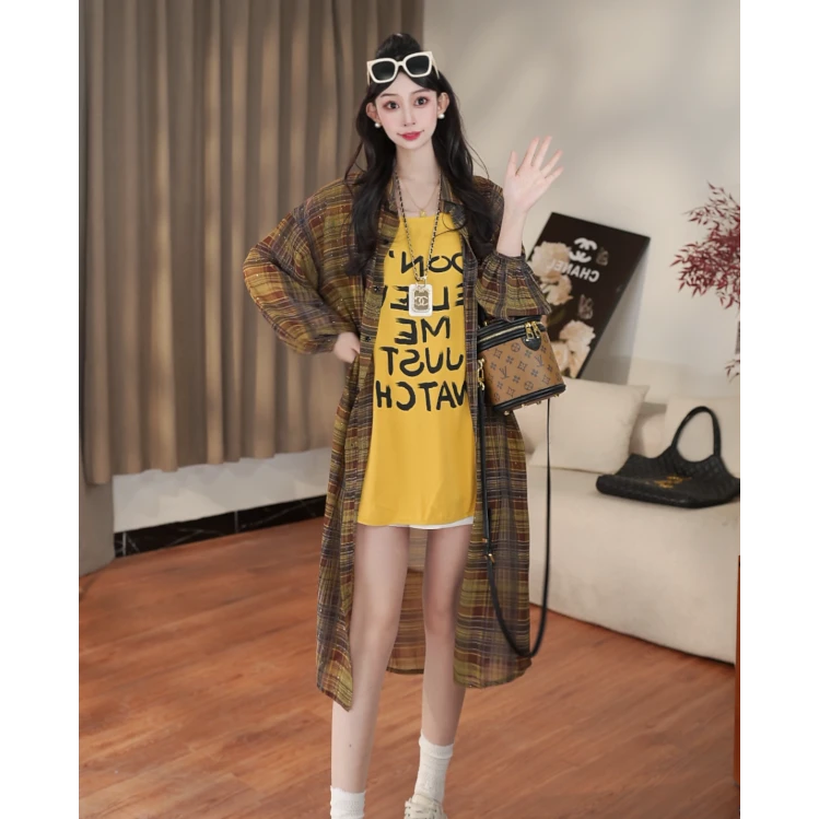 【现货】东大门百搭宽松韩版格子过膝长款夏季防晒衬衫女装250382