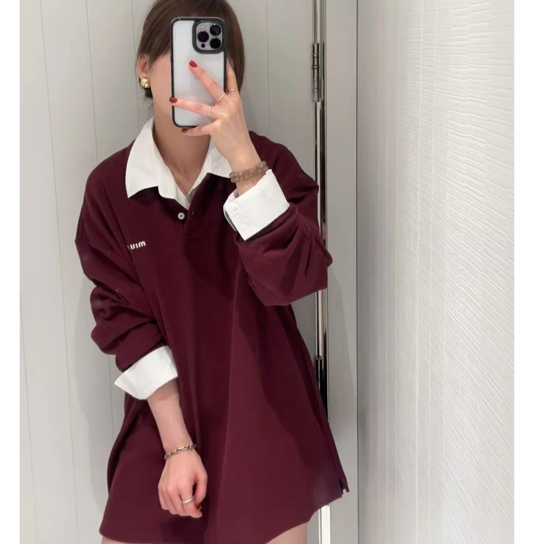 未使用 MIU MIU/缪缪 Logo刺绣宽松长袖纽扣polo长袖 红色/S/M