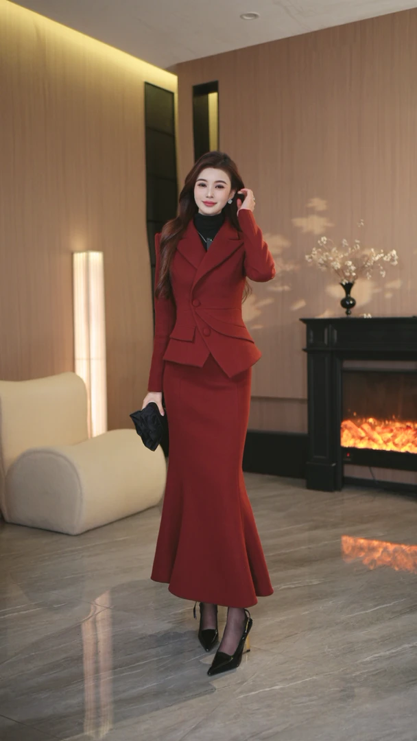 罗曼定制 高定原创设计红色时尚气质收腰上衣+鱼尾裙套装两件套女
