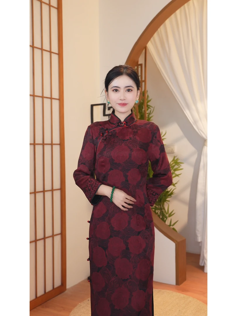 娜娜专属【红袖】靓影儿原创桑蚕丝重缎香云纱高贵编织重工气质旗袍