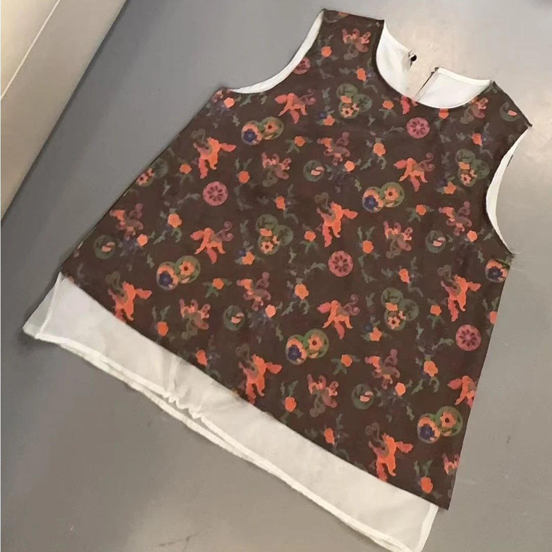 【文乐乐】夏季新款洋气个性国潮碎花时尚休闲潮流假两件背心2571