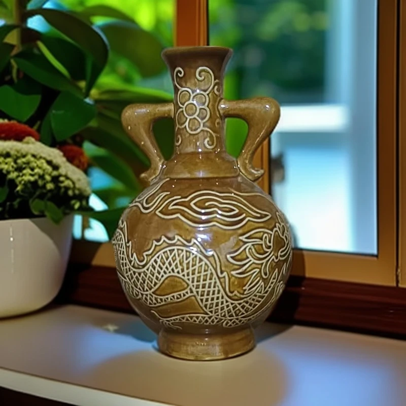 双耳龙纹精美中式古典手工花瓶摆件古风复古家用工艺品陶瓷