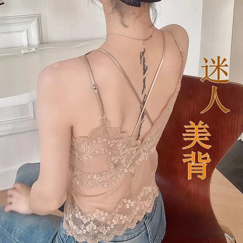 亲肤蕾丝大码美背交叉吊带女花边2025爆款一体式带胸垫背心薄款夏