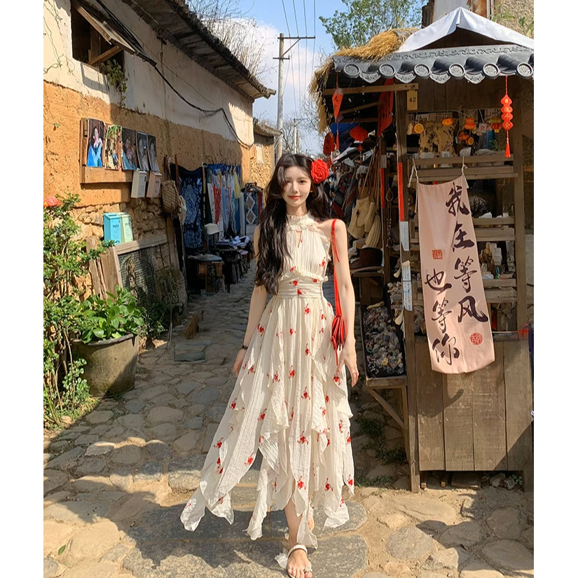 12538【糖糖】大码女装挂脖印花收腰显瘦连衣裙女夏季长裙