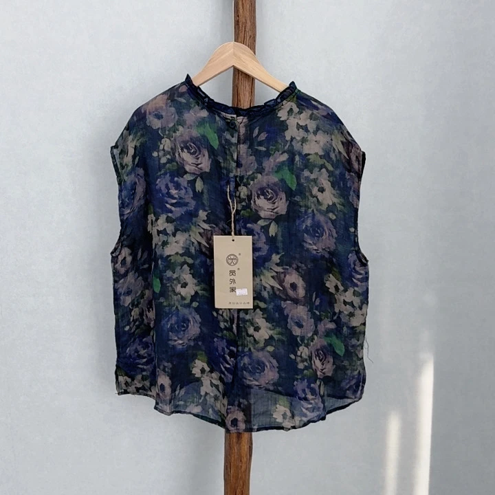 夏季新品纯苎麻文艺复古小清新碎花宽松显瘦上衣（衣长65胸围125）