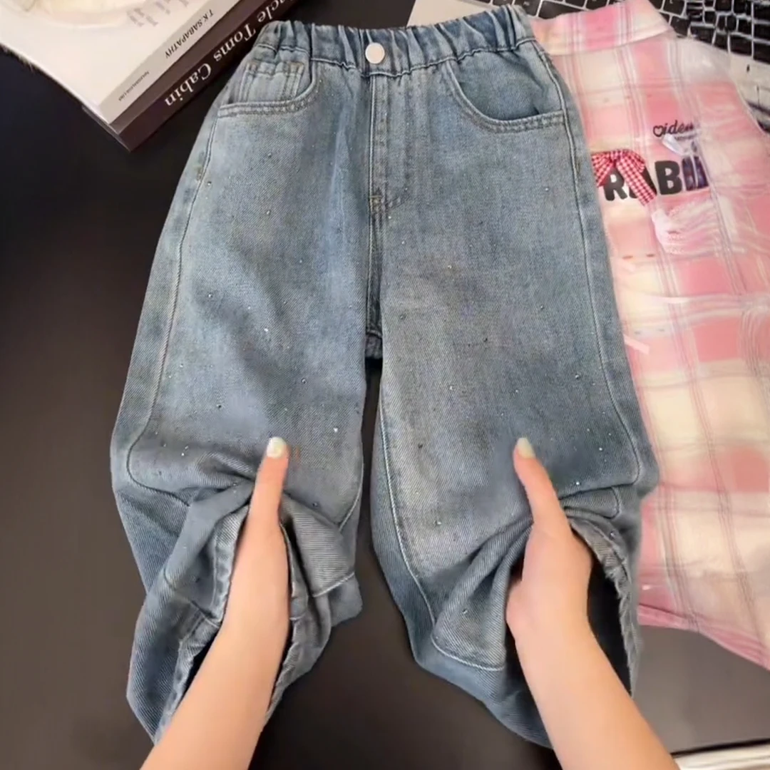 【满天星】2025新款春秋女童烫钻牛仔裤儿童宽松直筒阔腿裤子