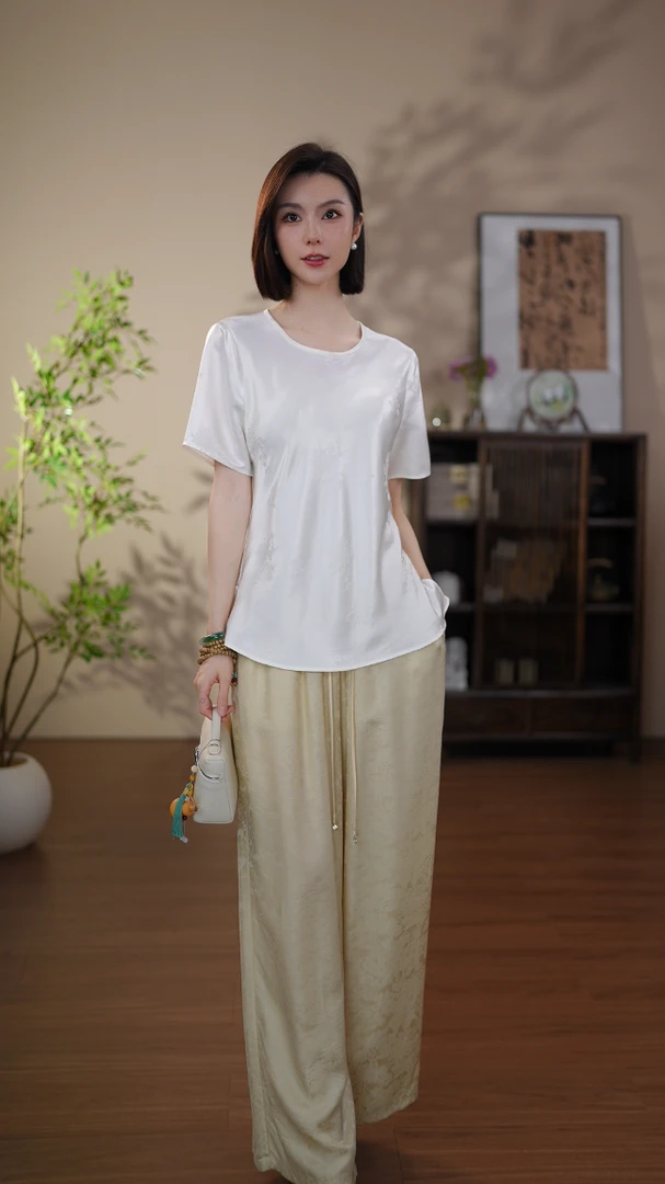 GONG QUE 新中式暗纹提花圆领显瘦百搭短袖上衣 3134