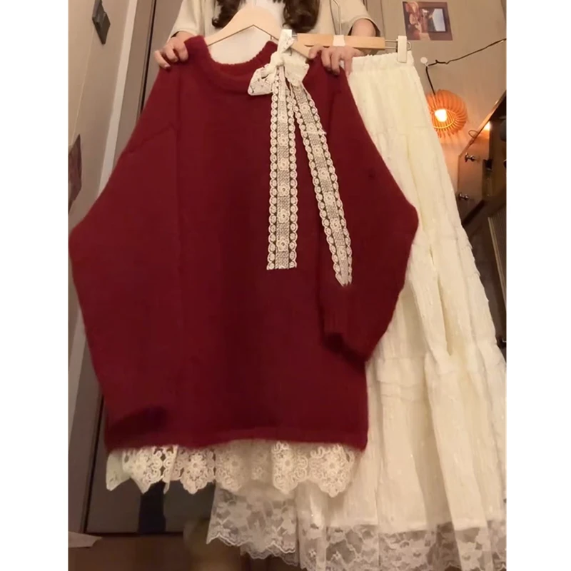 蝴蝶结蕾丝红色套头毛衣女秋冬季2025新款宽松慵懒高级感针织上衣