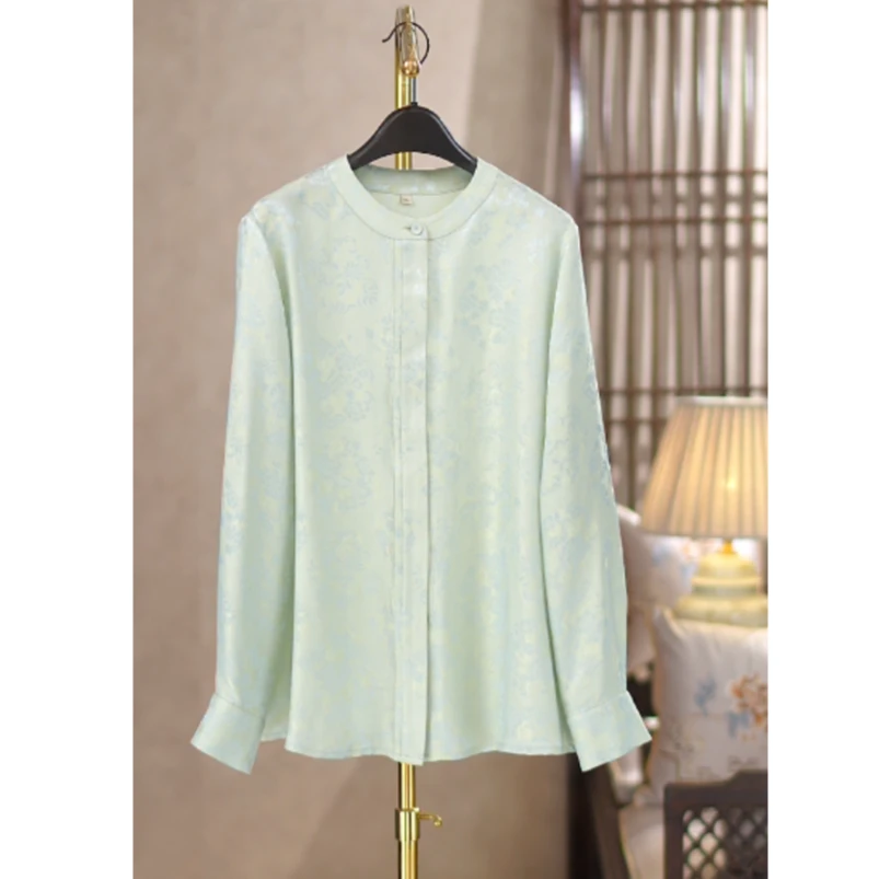2025年春新中式百分百透孔花萝桑蚕丝圆领国风上衣衬衫A3843