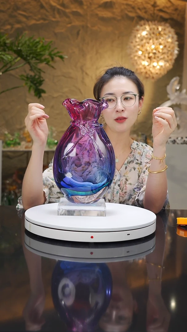 琉璃手工艺品设计款金红蓝钱袋花瓶小号