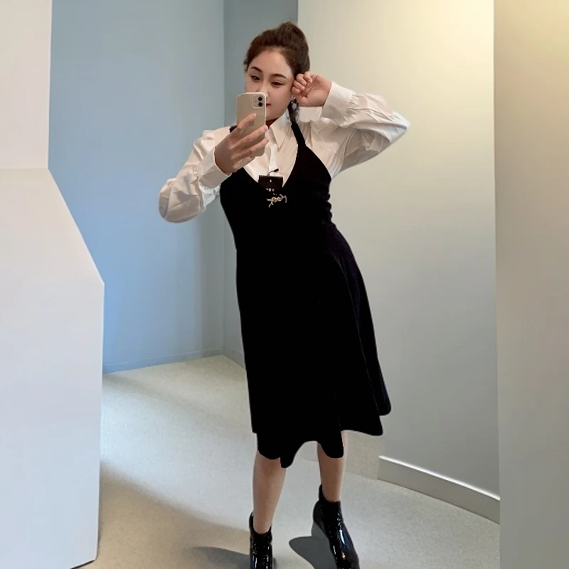 【若雪衣橱】两件套衬衫款吊带连衣裙