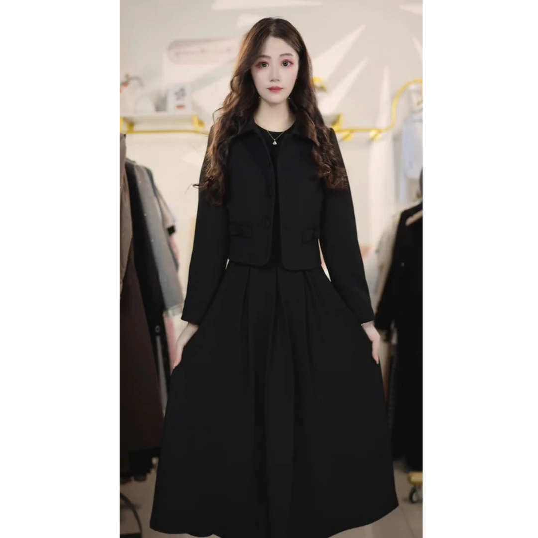 黑色连衣裙套装女2025秋冬新款优雅气质收腰显瘦连衣裙Y6590701