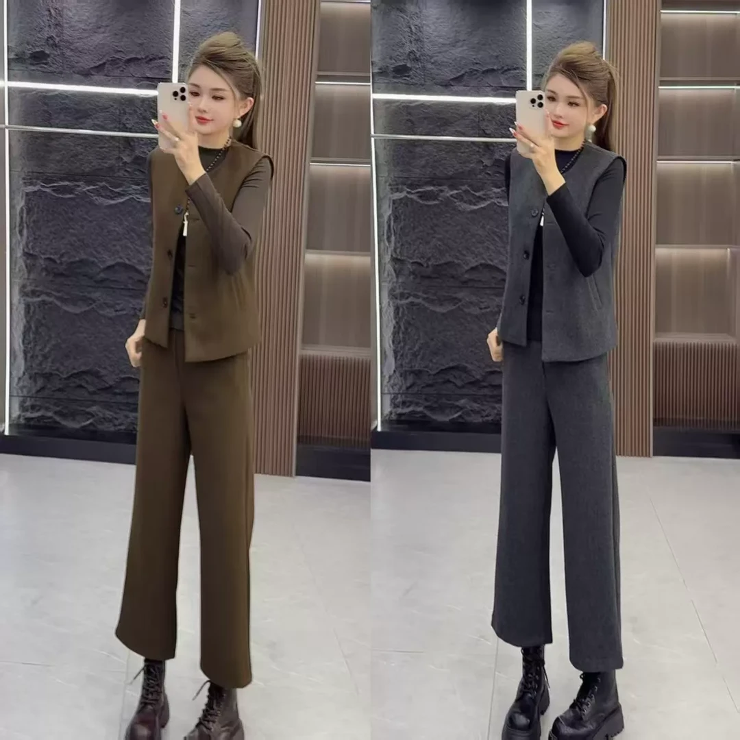 秋季0881 港风简约净版马甲上衣 加九分烟管裤 加打底衫 三件套