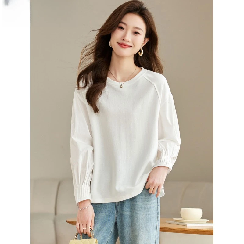 时尚白色T恤女长袖2025新款春秋季百搭圆领宽松显瘦休闲打底衫薄