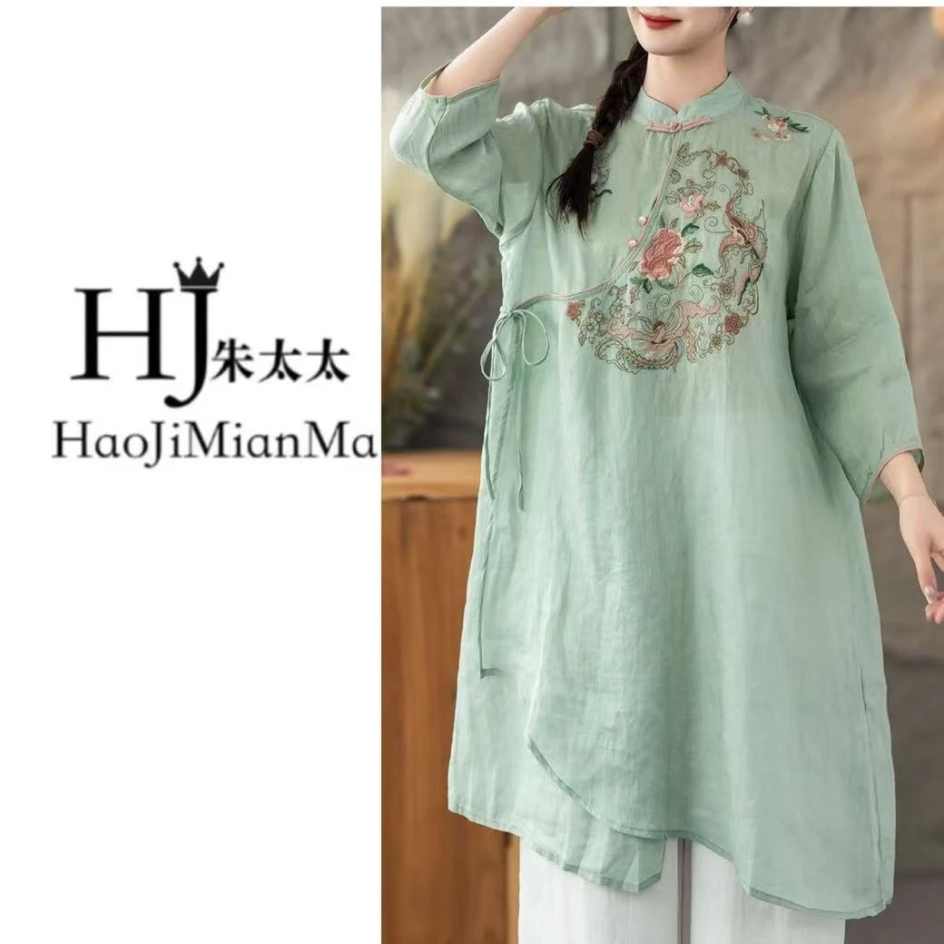 《月华》原创正品夏季新中式刺绣苎麻衬衫