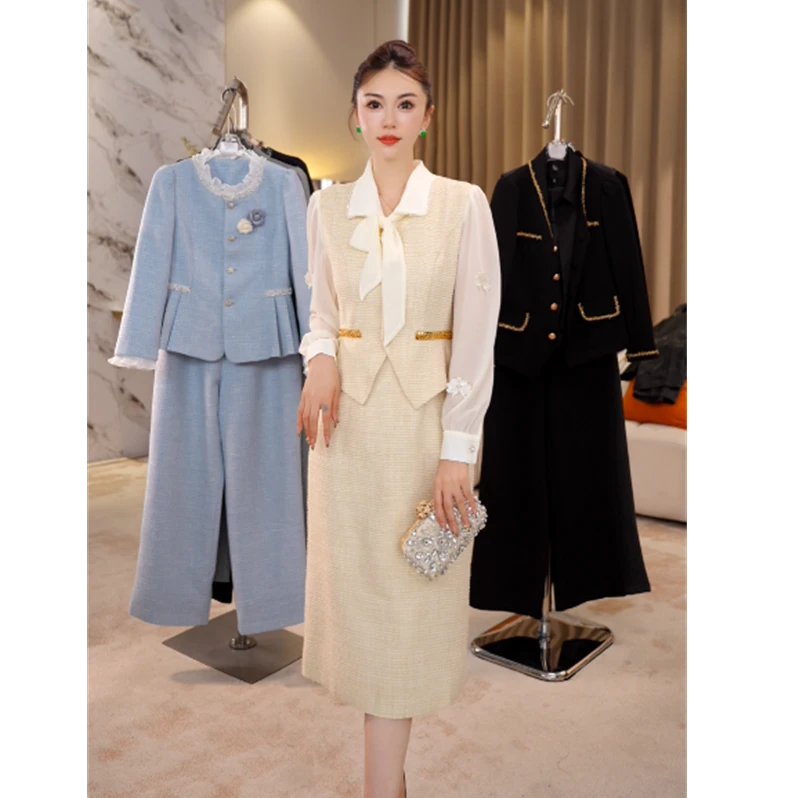 G9311遇见小香法式长袖大方得体连衣裙女2025新款假两件拼接裙子