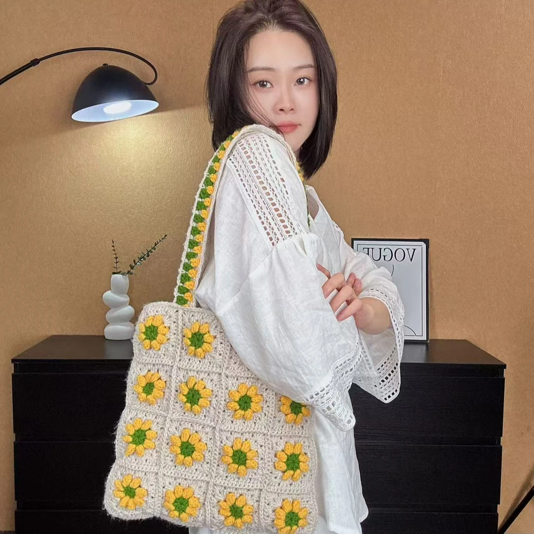 E02向日葵手工编织包包DIY毛线单肩包