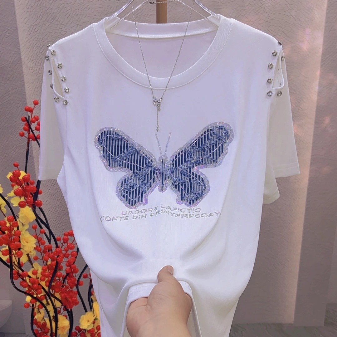 2025年夏季新款8051蝴蝶圆领短袖T恤烫钻大码女装