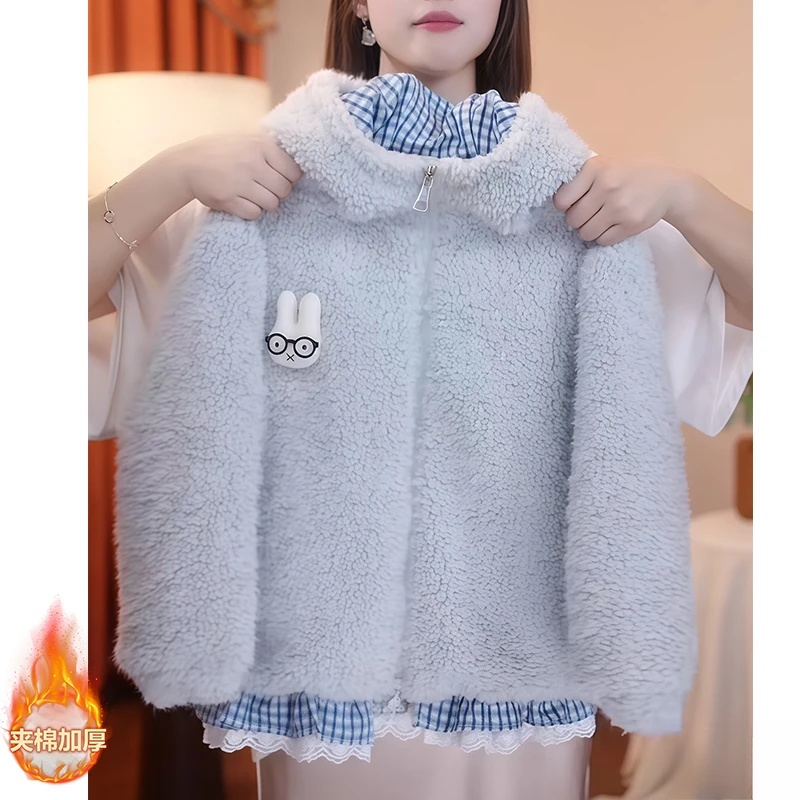 女童连帽夹棉毛毛衣外套2025秋冬款中大童加厚二棉羊羔毛棉服棉袄