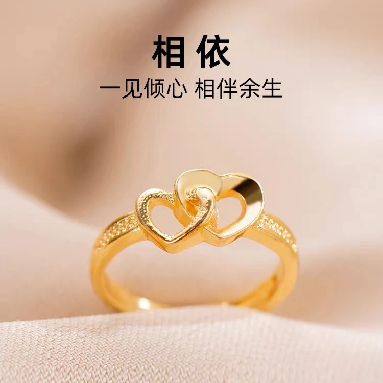 合金戒指 时尚轻奢金色心形双爱心戒指小众ins可调节食指戒