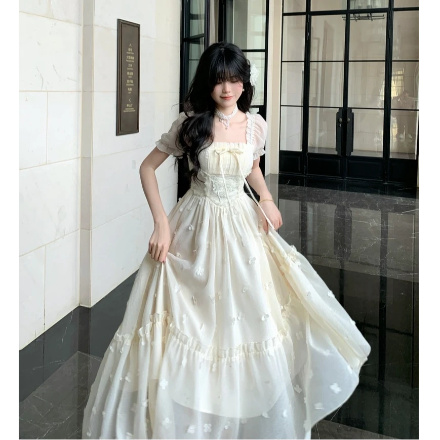 【糖糖】大码女装法式方领剪花遮肚子初恋气质长连衣裙11477