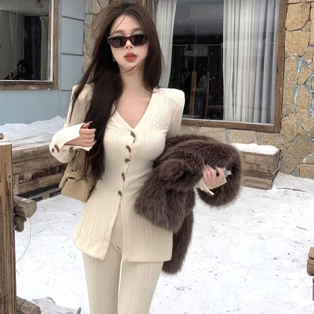 懒人穿搭韩版辣妹v领针织上衣高腰阔腿裤套装女