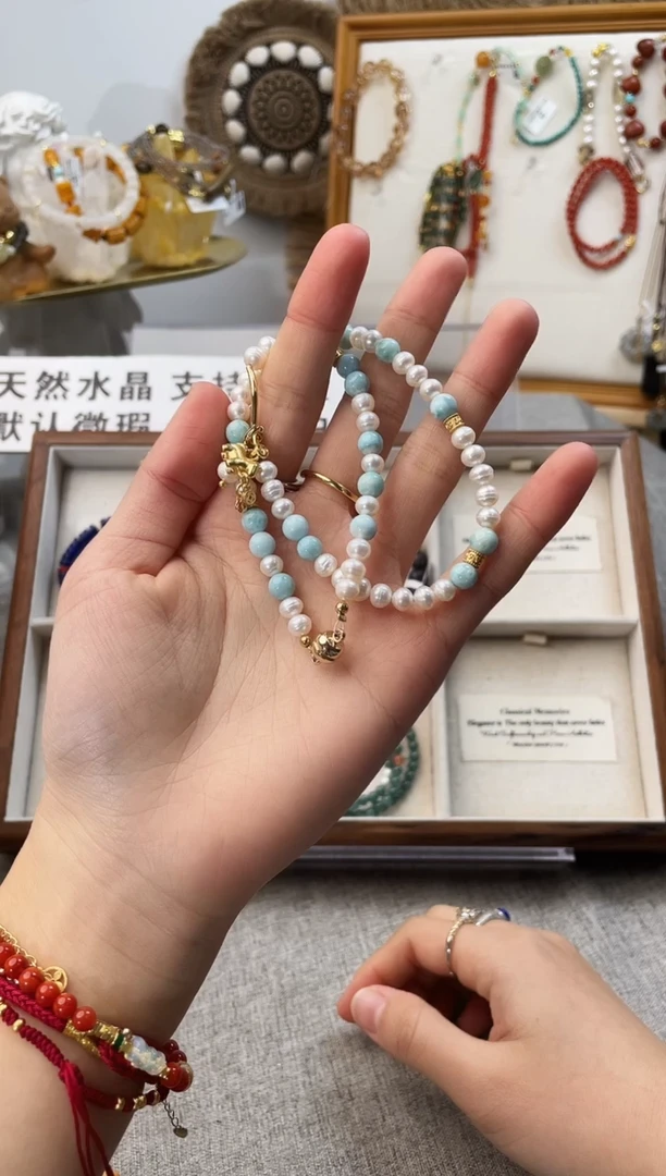 未镶嵌手串水晶地*海纹石珍珠双圈（多样性发一）