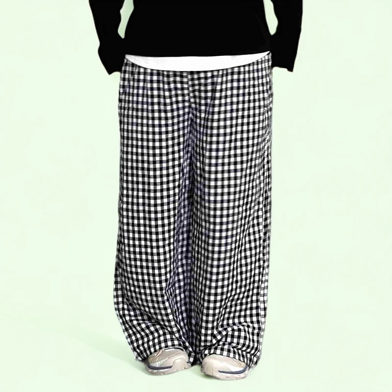 大码胖mm韩系时尚格子复古格纹休闲阔腿裤2001