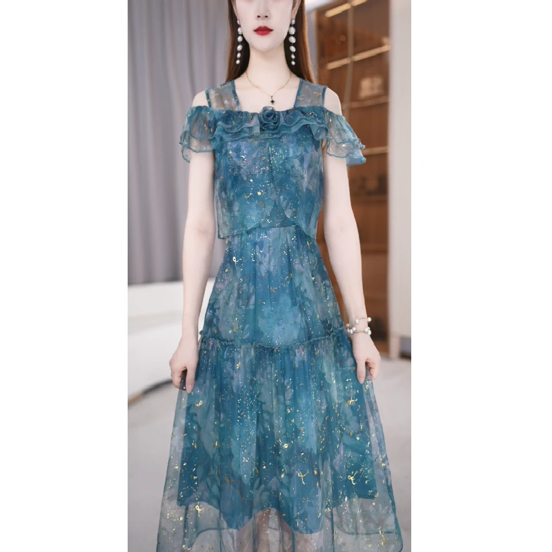 玖慕雪纺印花连衣裙女夏季2025新款简约漏肩设计感过膝a字裙