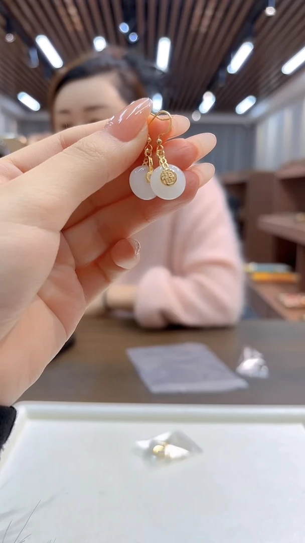 14K金镶嵌和田玉耳饰DIY款E228