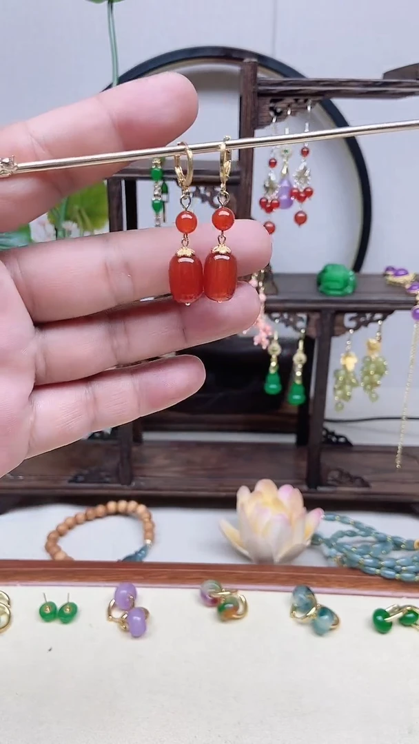 南红玛瑙14K金镶嵌耳饰81号