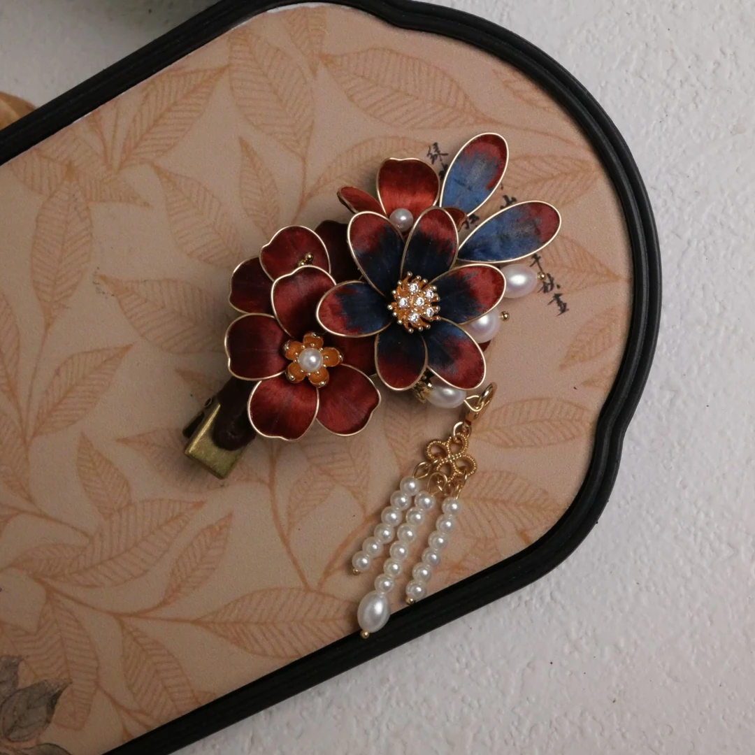 红色绒花复古发夹仿古