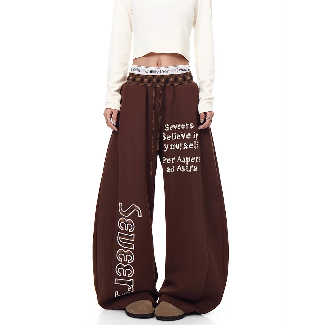 美式复古格纹拼接字母弯刀卫裤男女潮牌运动宽松阔腿裤