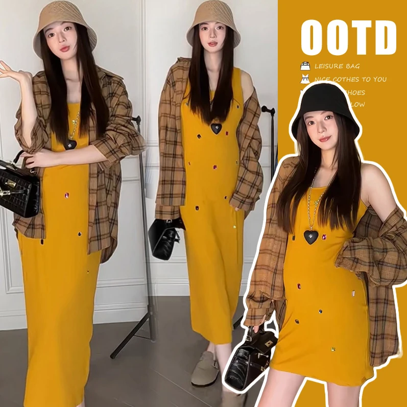 时髦孕妇装新款2025春夏套装新品韩版时尚钻石长短背心裙格子衬衫