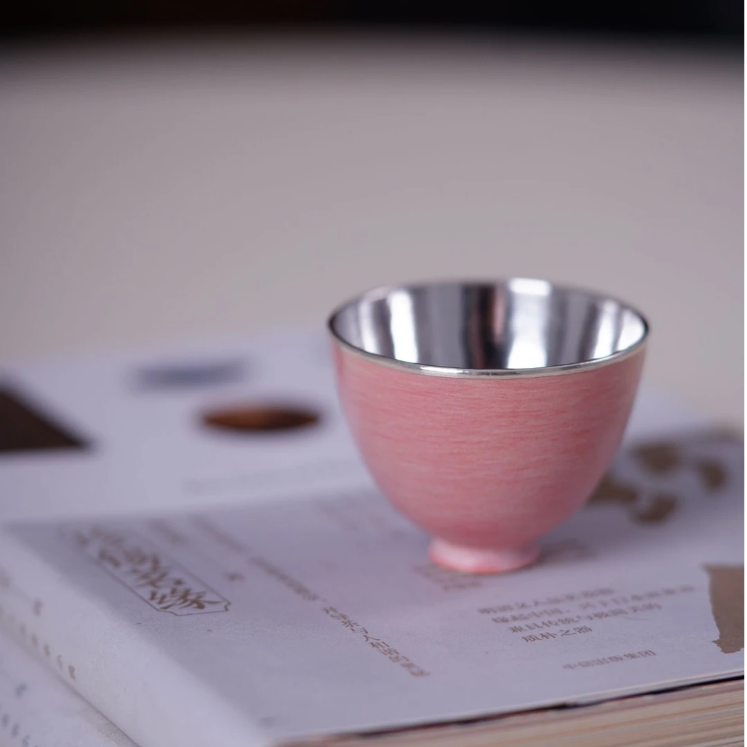 当代 景德镇胭脂粉龙蛋杯瓷包银复古家用陶瓷纯手工主人杯粉色