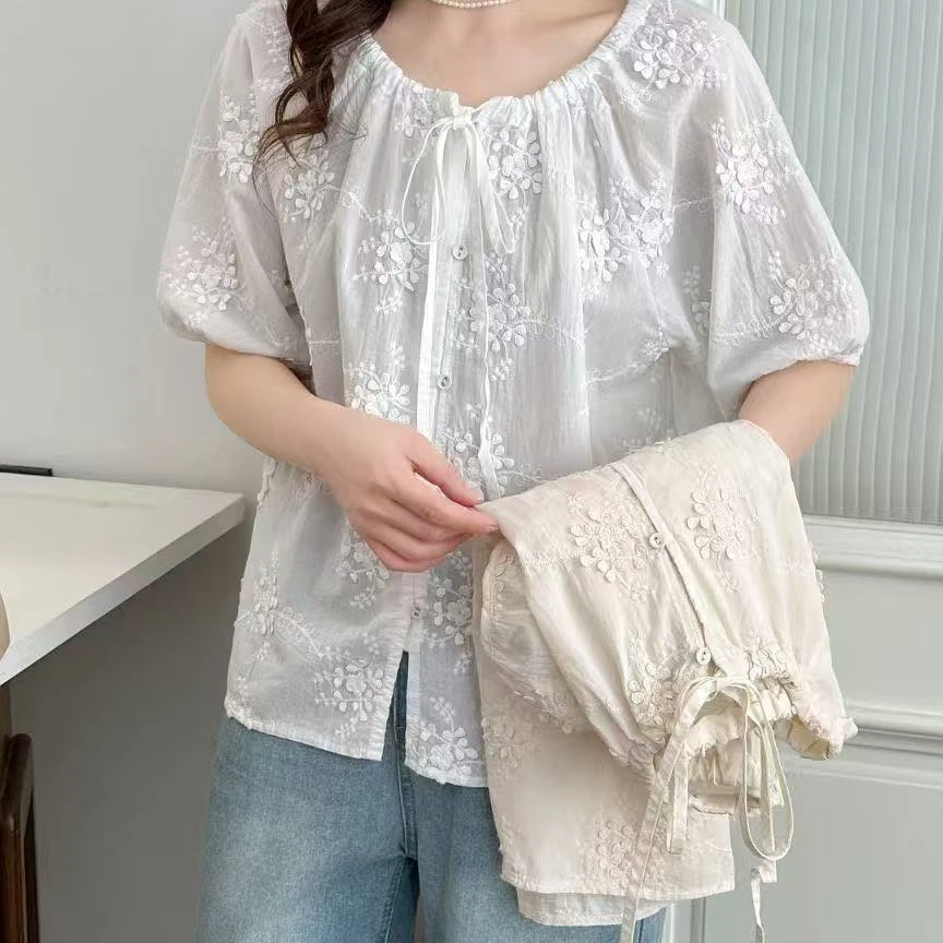 【系带】绣花泡泡袖衬衫白色宽松圆领衬衣法式气质刺绣衬衫时尚