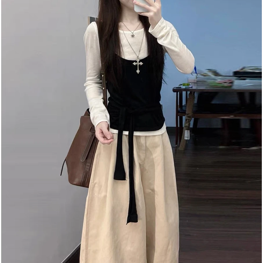 女装秋款爆款2025新款韩系穿搭长袖针织衫叠穿背心休闲裤三件套装