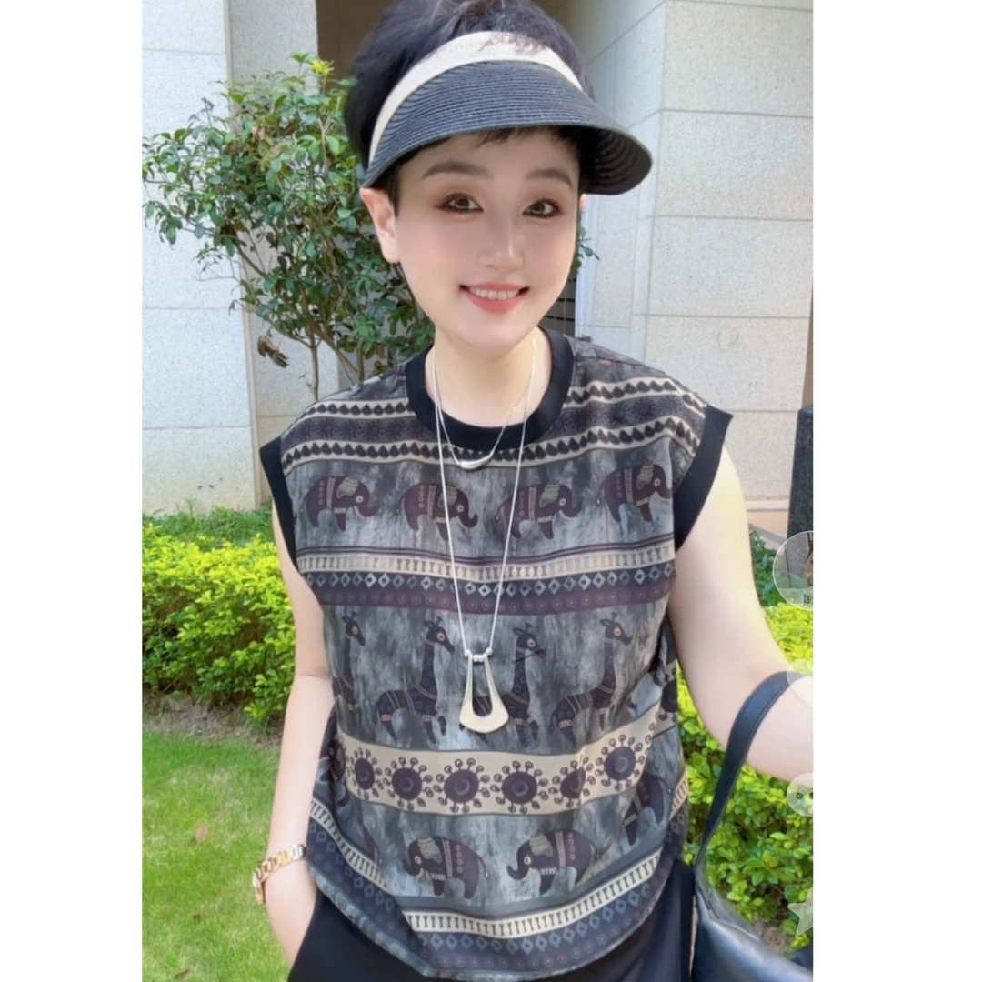 夏季新款高密弹力双绉活性印染图案休闲潮流宽松复古T恤【7019】